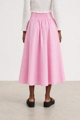 Pale pink drop waist midi skirt
