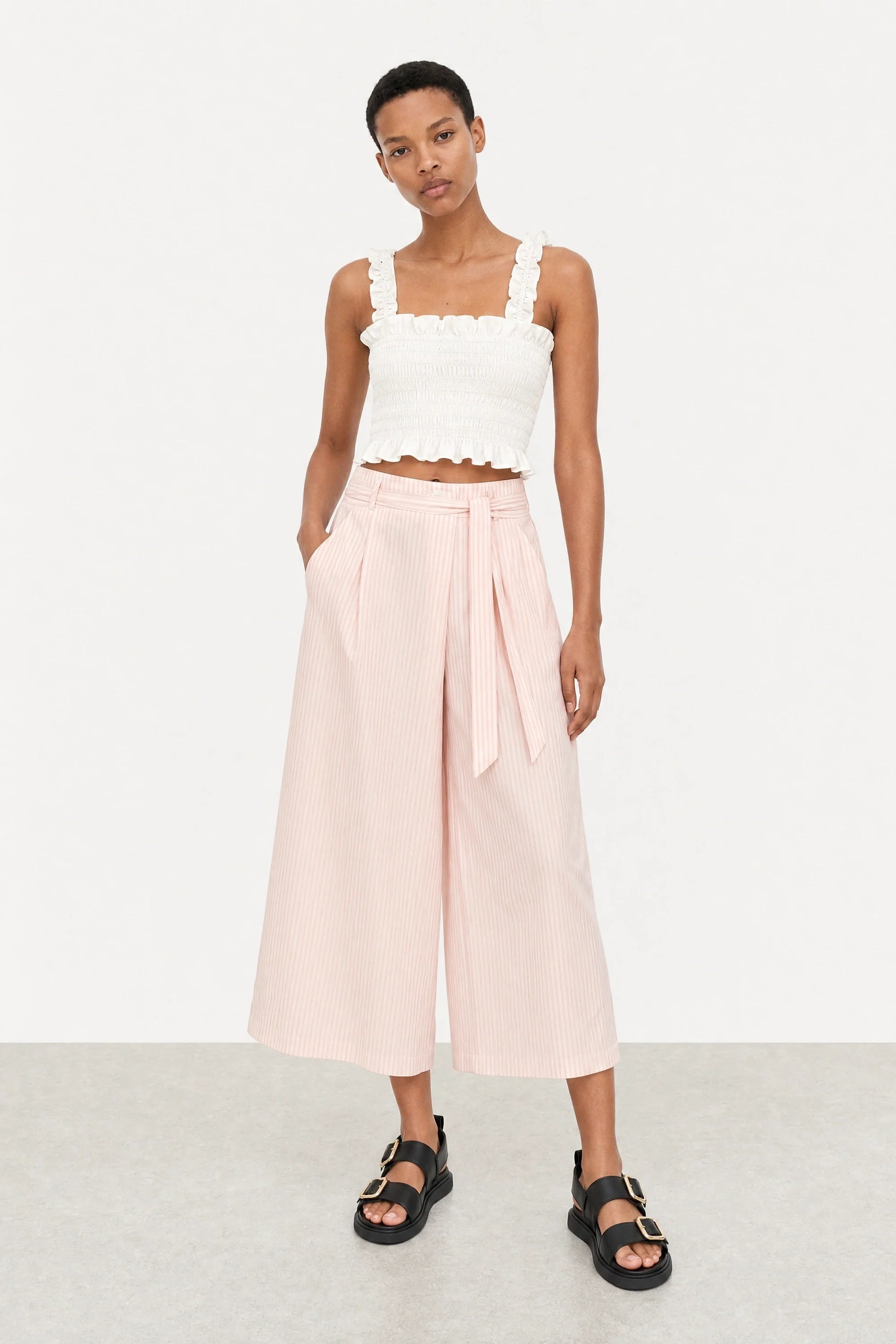 Pale pink vertical striped double button skirt