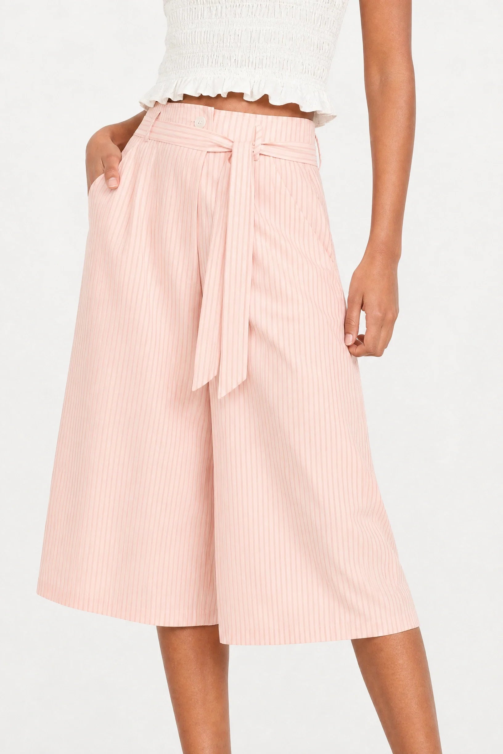 Pale pink vertical striped double button skirt
