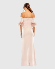 Pink Feather Trim Off The Shoulder Column Gown