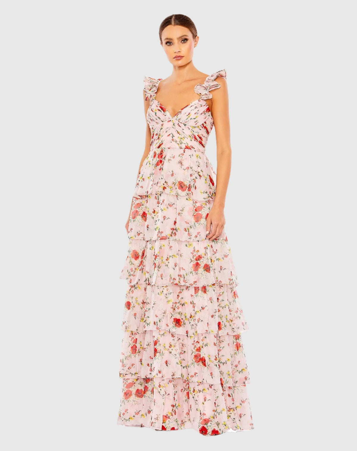 Pink Ruffled Sleeveless Draped Tiered Floral Print Gown