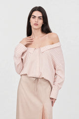Pink and burgundy vertical striped draped neck shirt blouse