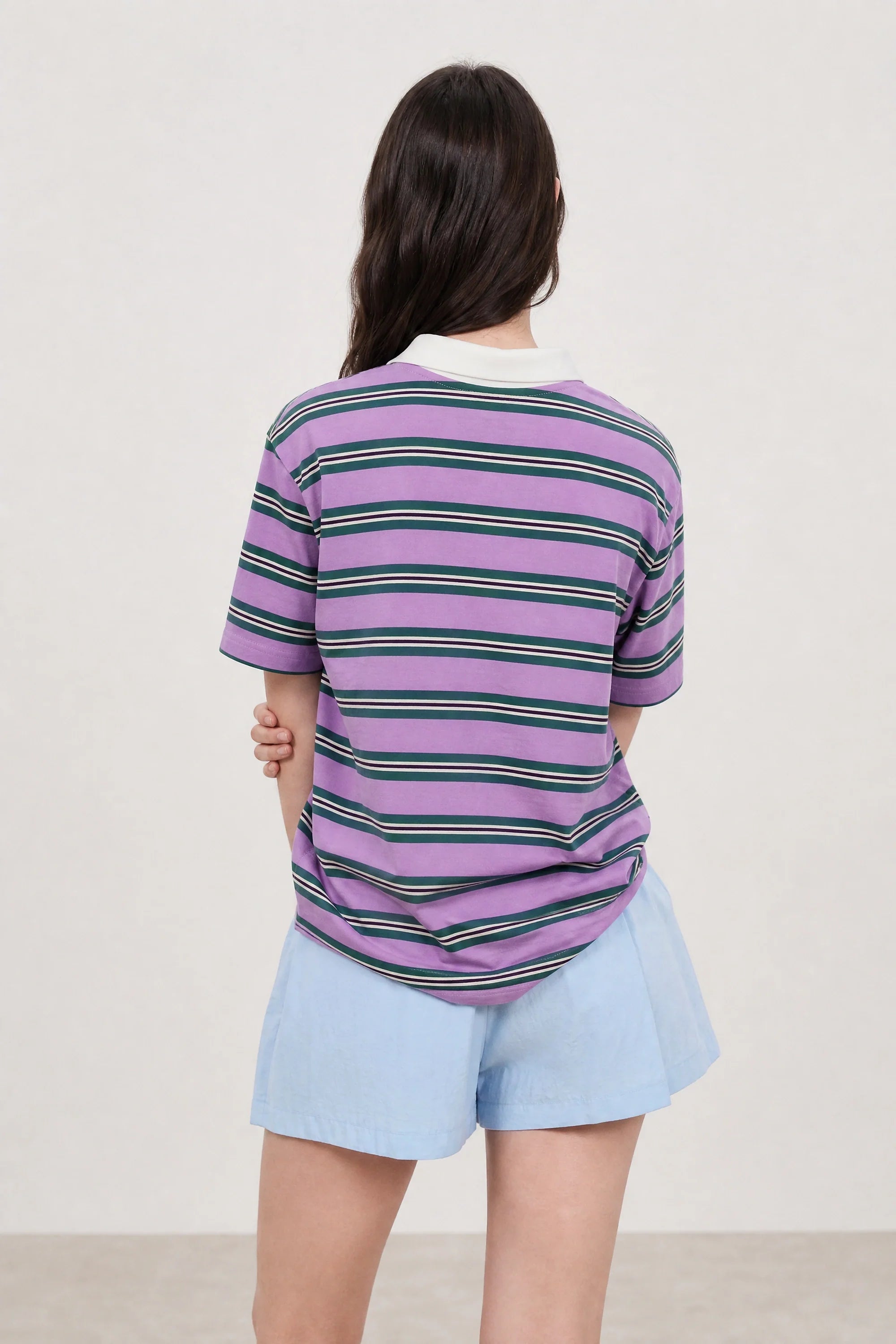 Pink and green striped contrast collar rugby shirt