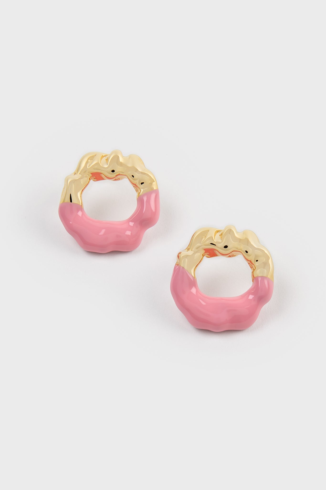 Pink enamel dipped gold organic circle earrings