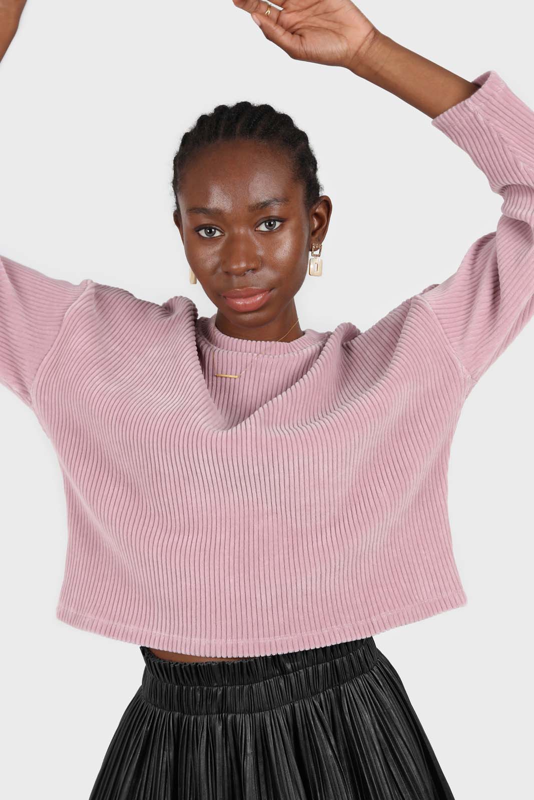 Pink ribbed velvet long sleeved top