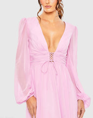 Plunge Neck Lace Up Evening Gown - FINAL SALE