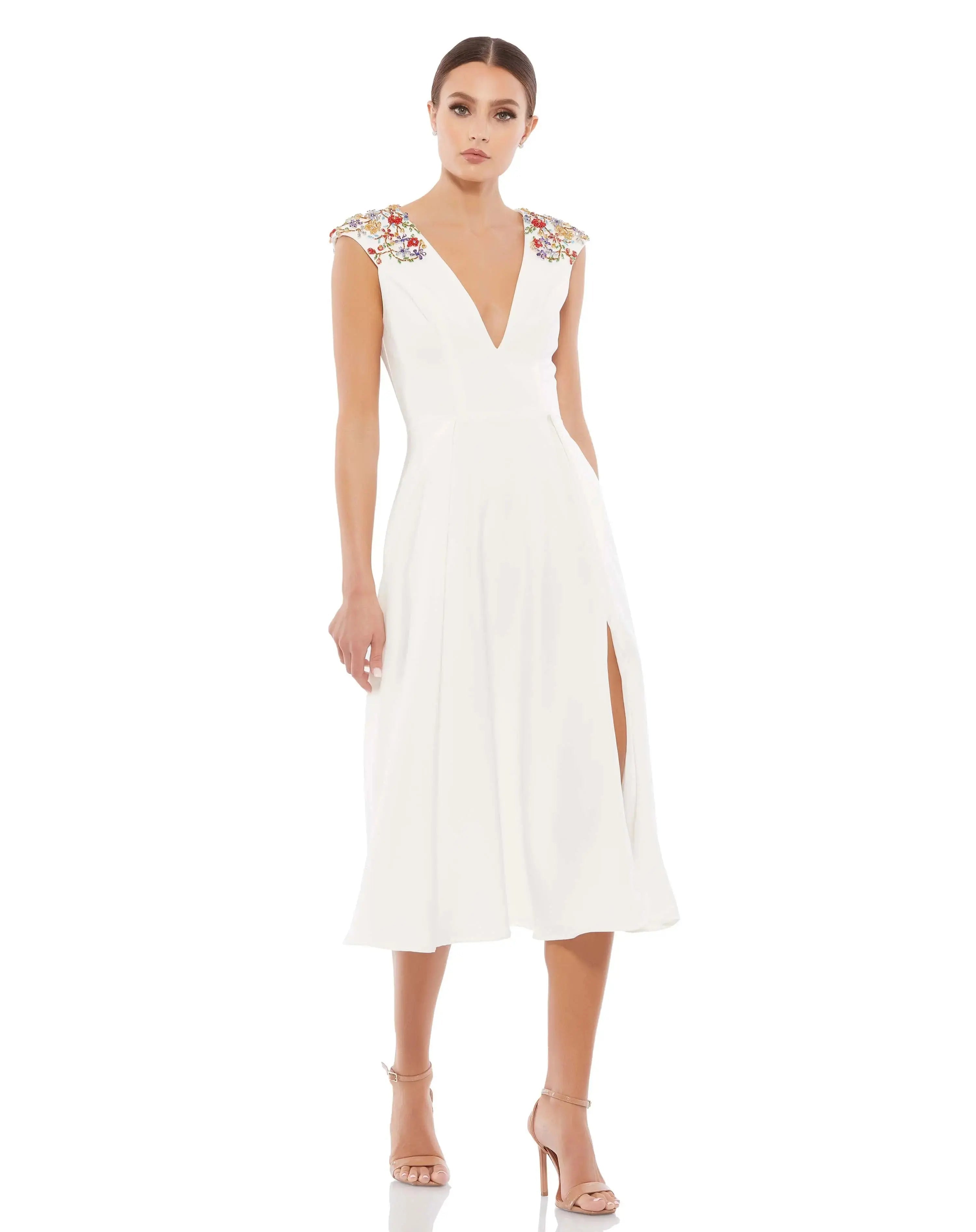 Beaded Cap Sleeve A Line Midi Dress