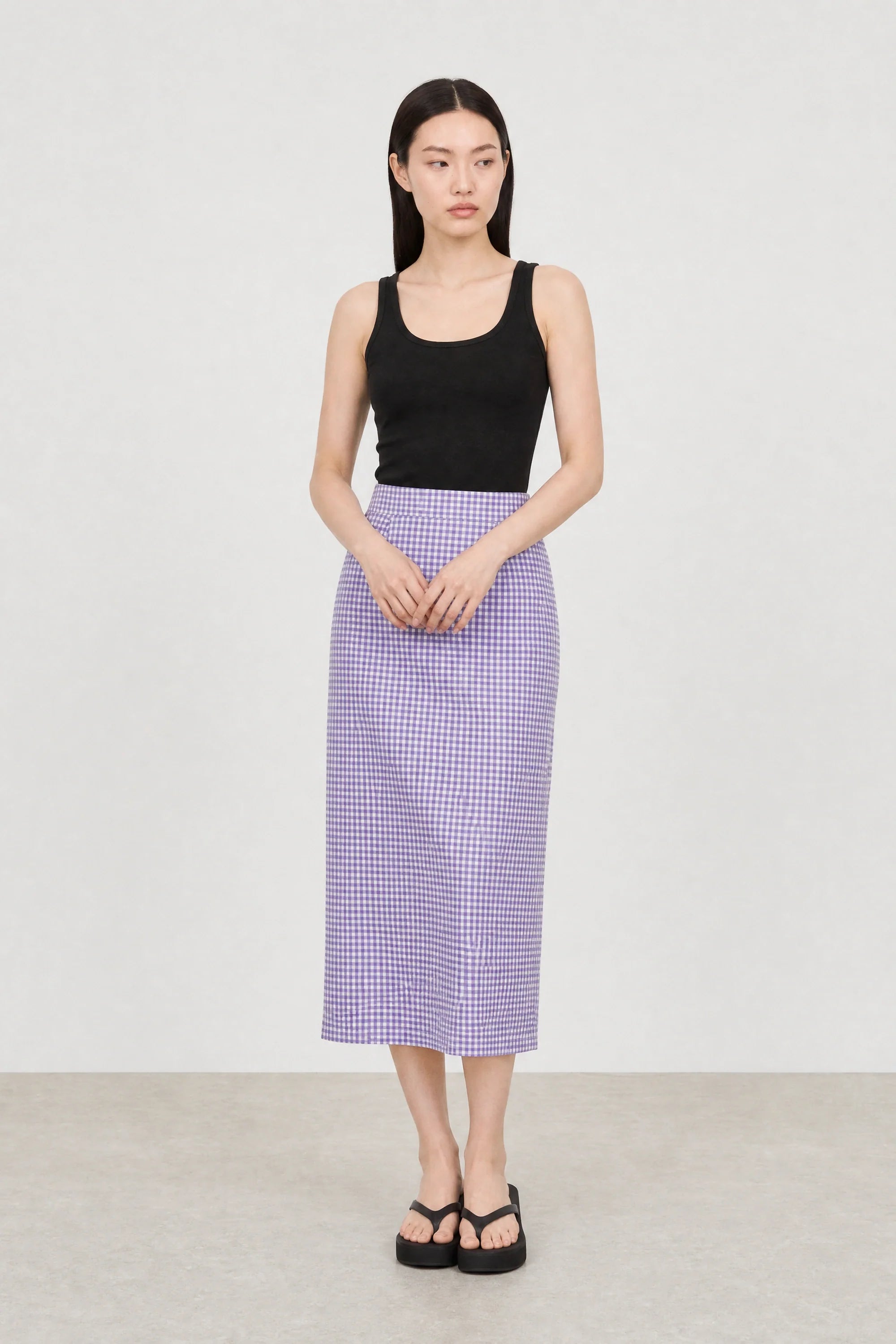 Purple gingham slit back pencil skirt