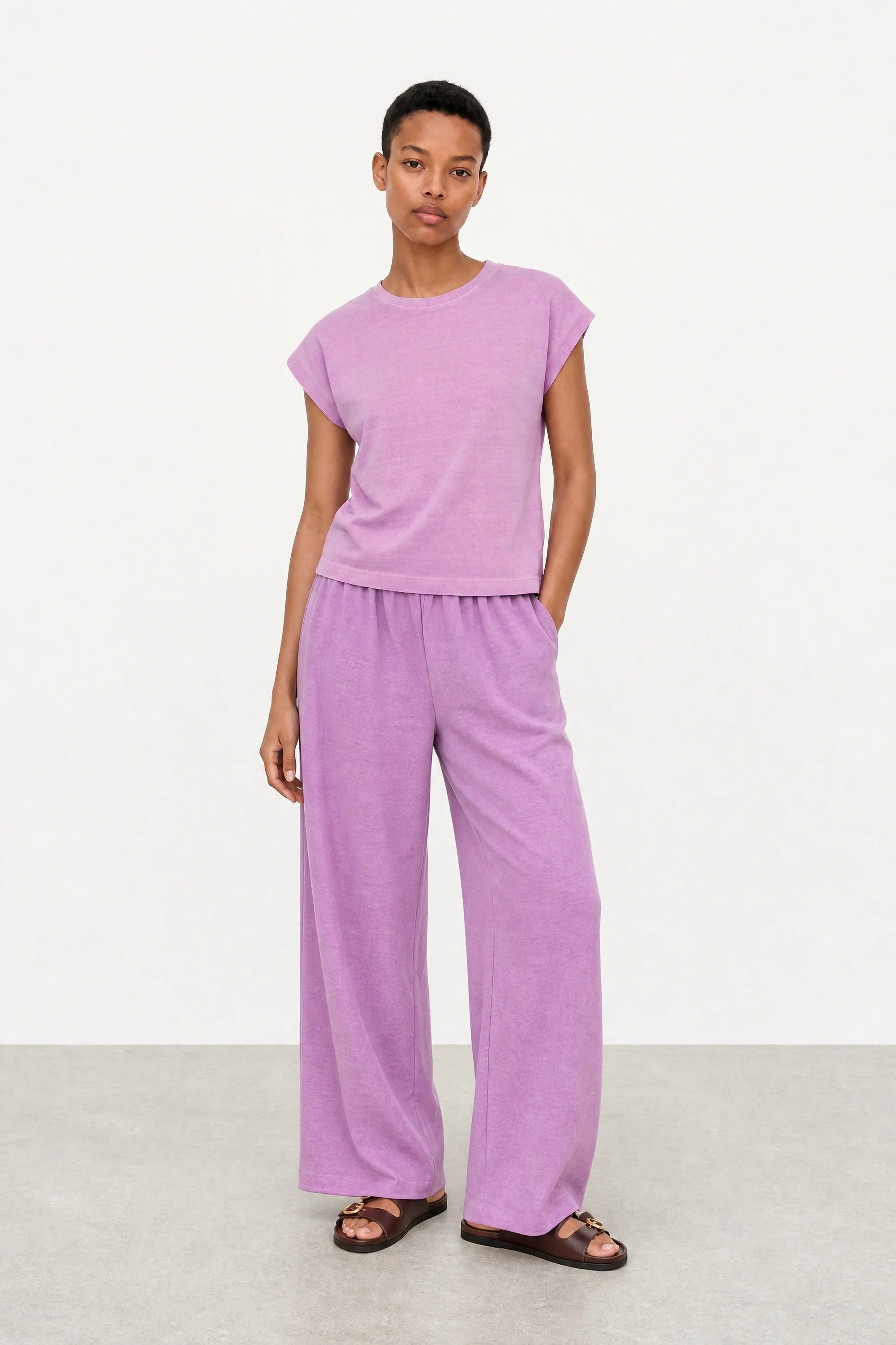 Purple pink washed wide leg trousers
