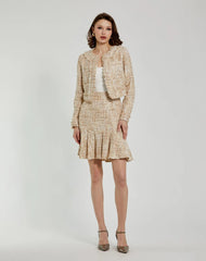 Beige High Waist Box Pleat Boucle Mini Skirt