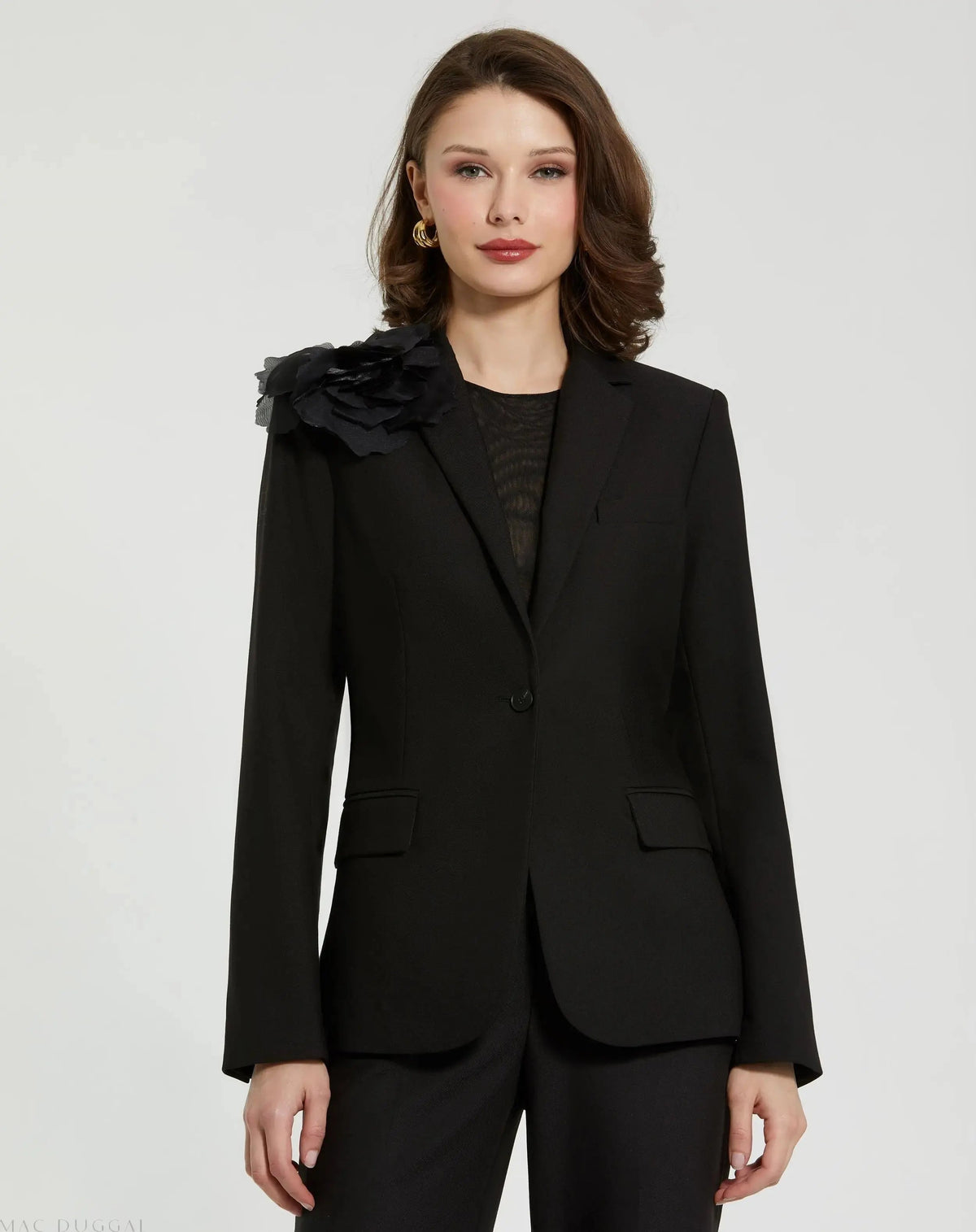 Black Classic Crepe Blazer Jacket With Flower - FINAL SALE