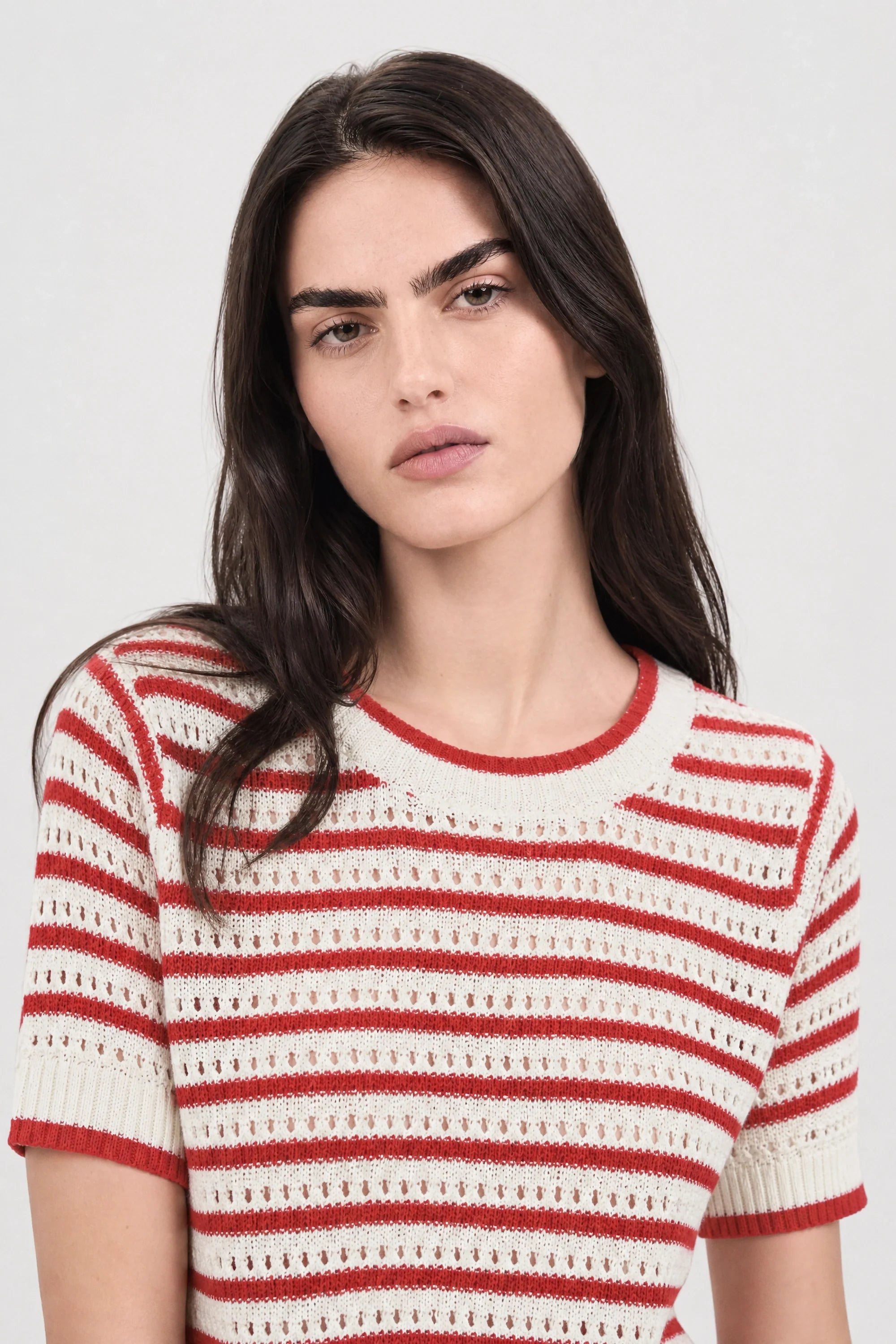 Red and white dot striped knit tee