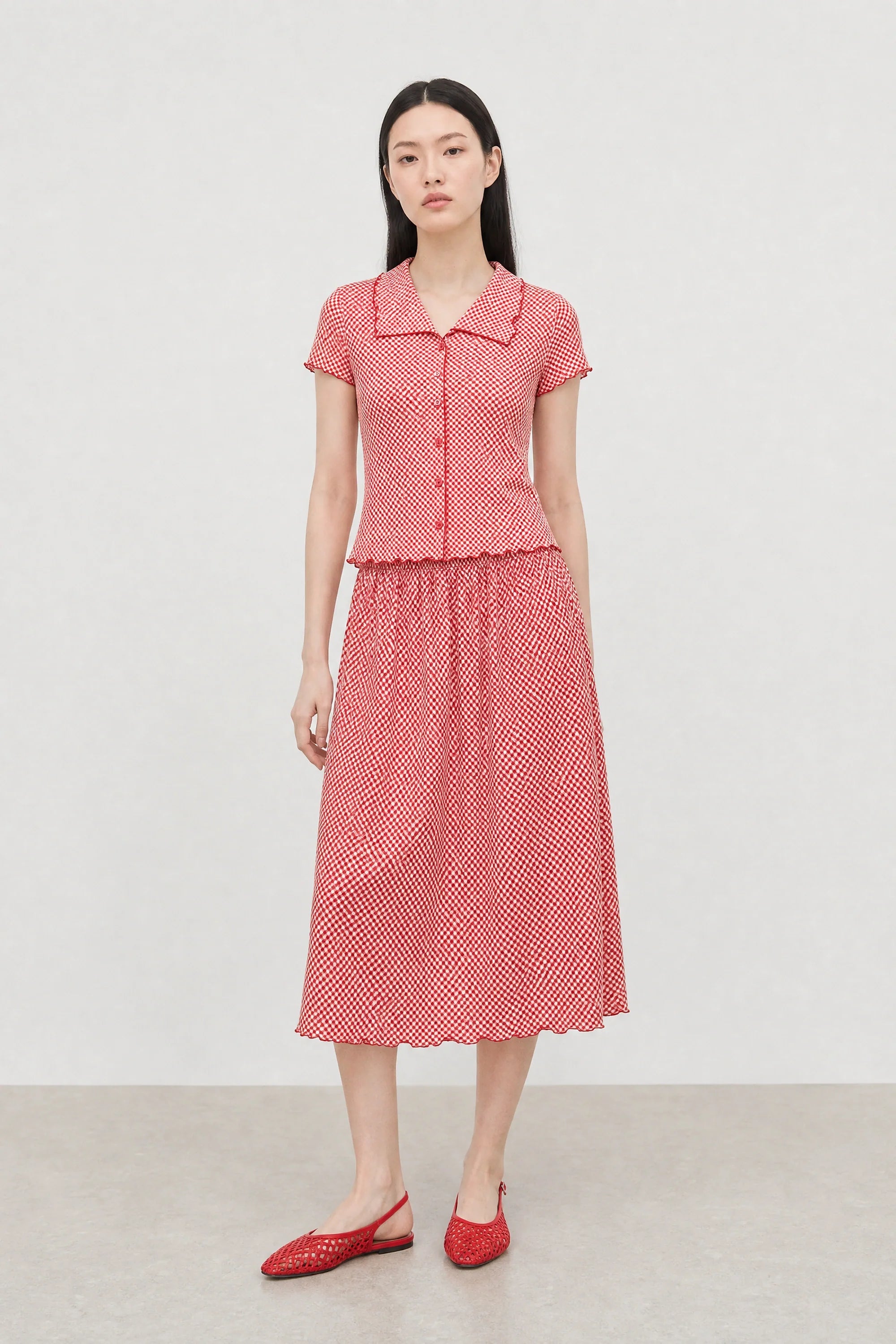 Red and white gingham lettuce trim pencil skirt
