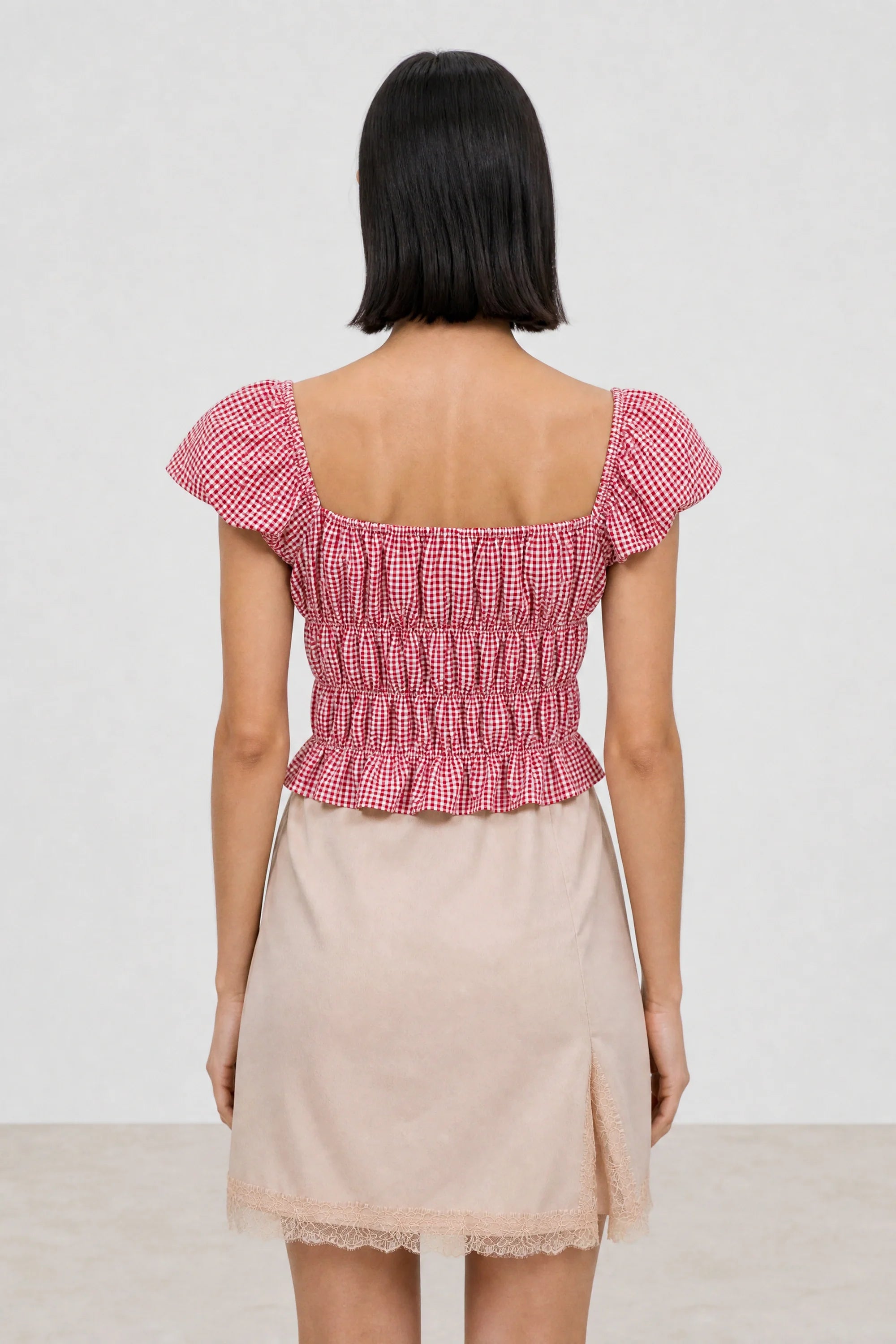 Red and white gingham ruched tank