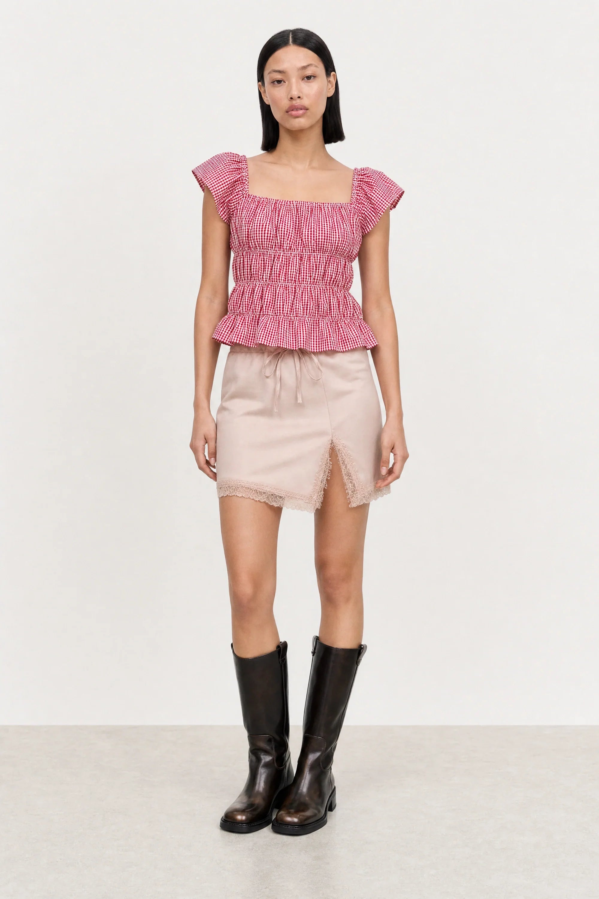 Red and white gingham ruched tank