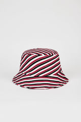 Red and white multistripe terrycloth bucket hat