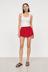 Red and white polka dot balloon shorts
