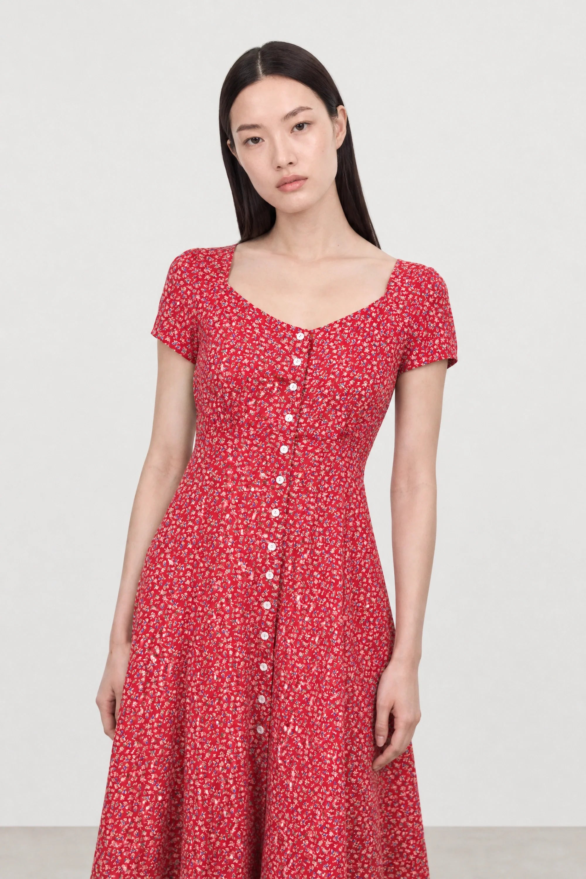 Red bright ditsy floral button front midi dress