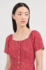 Red bright ditsy floral button front midi dress