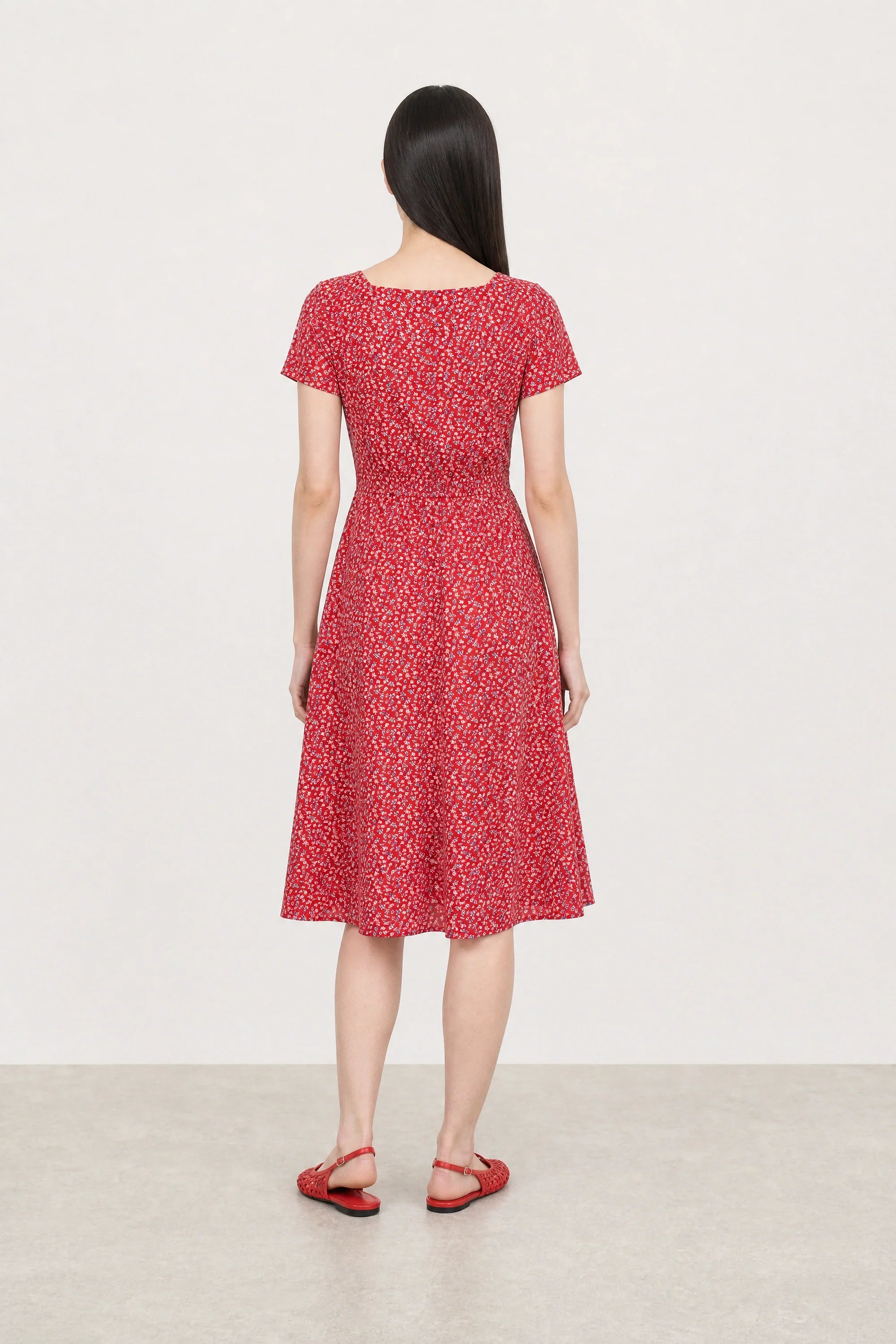Red bright ditsy floral button front midi dress