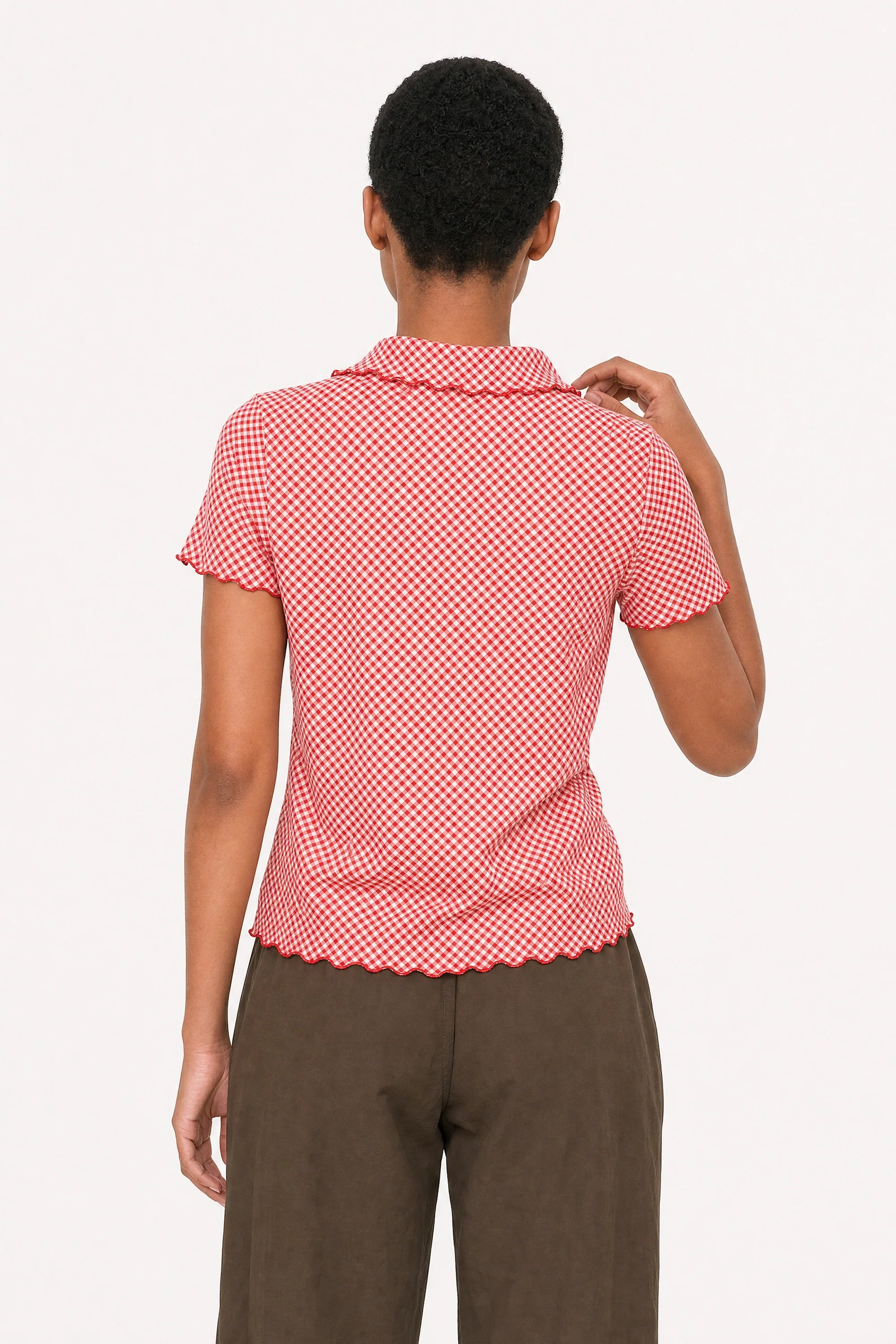 Red and white gingham lettuce trim short sleeve shirt