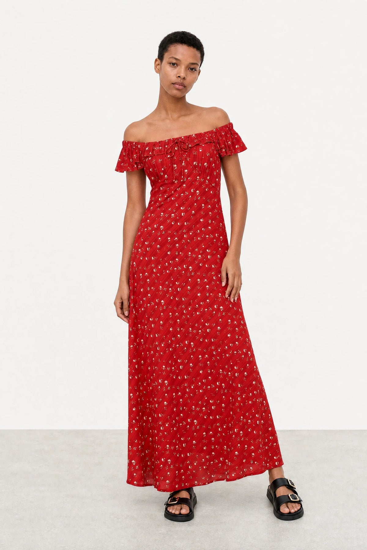 Red floral print frill straps silky dress