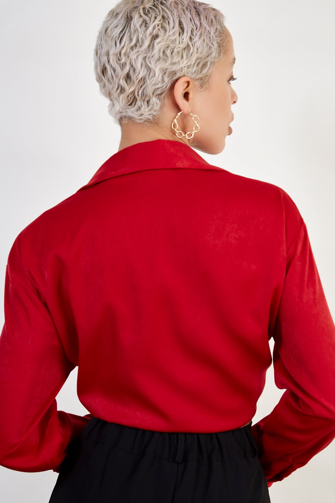 Red silky plunging tie front shirt