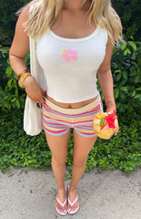 Carlie White Beaded Hibiscus Ribbed Tank Top