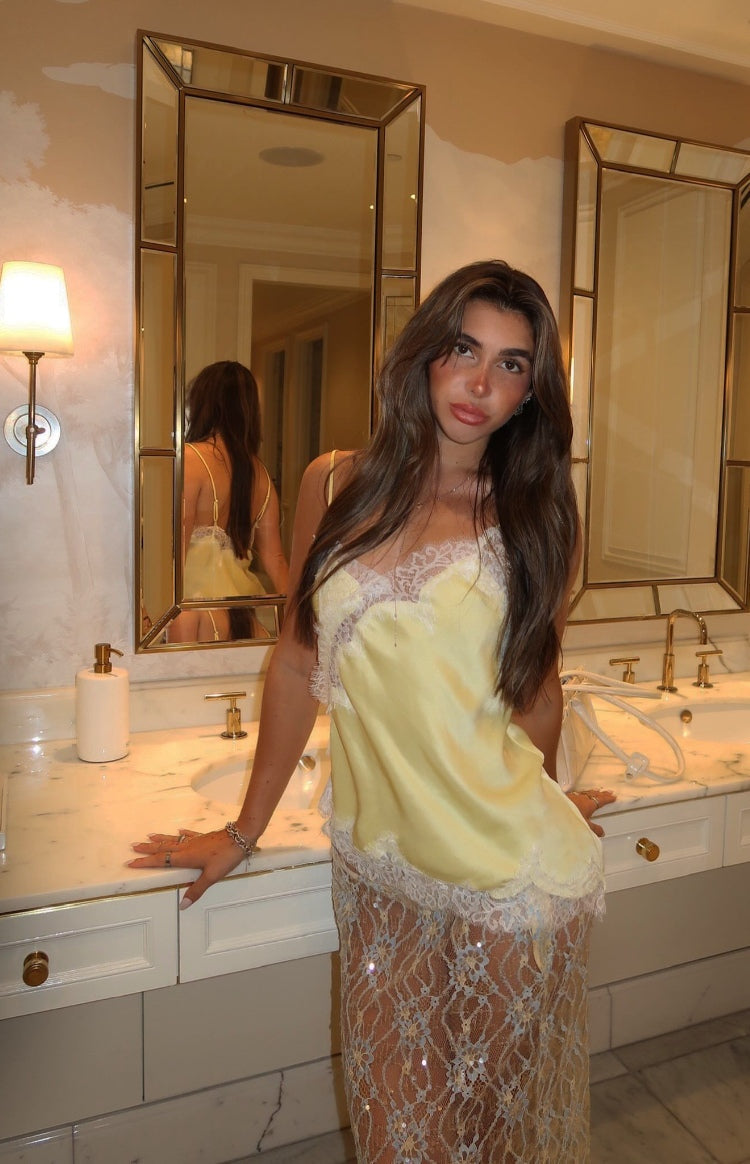 Sabella Pale Yellow Sequin Lace Maxi Skirt