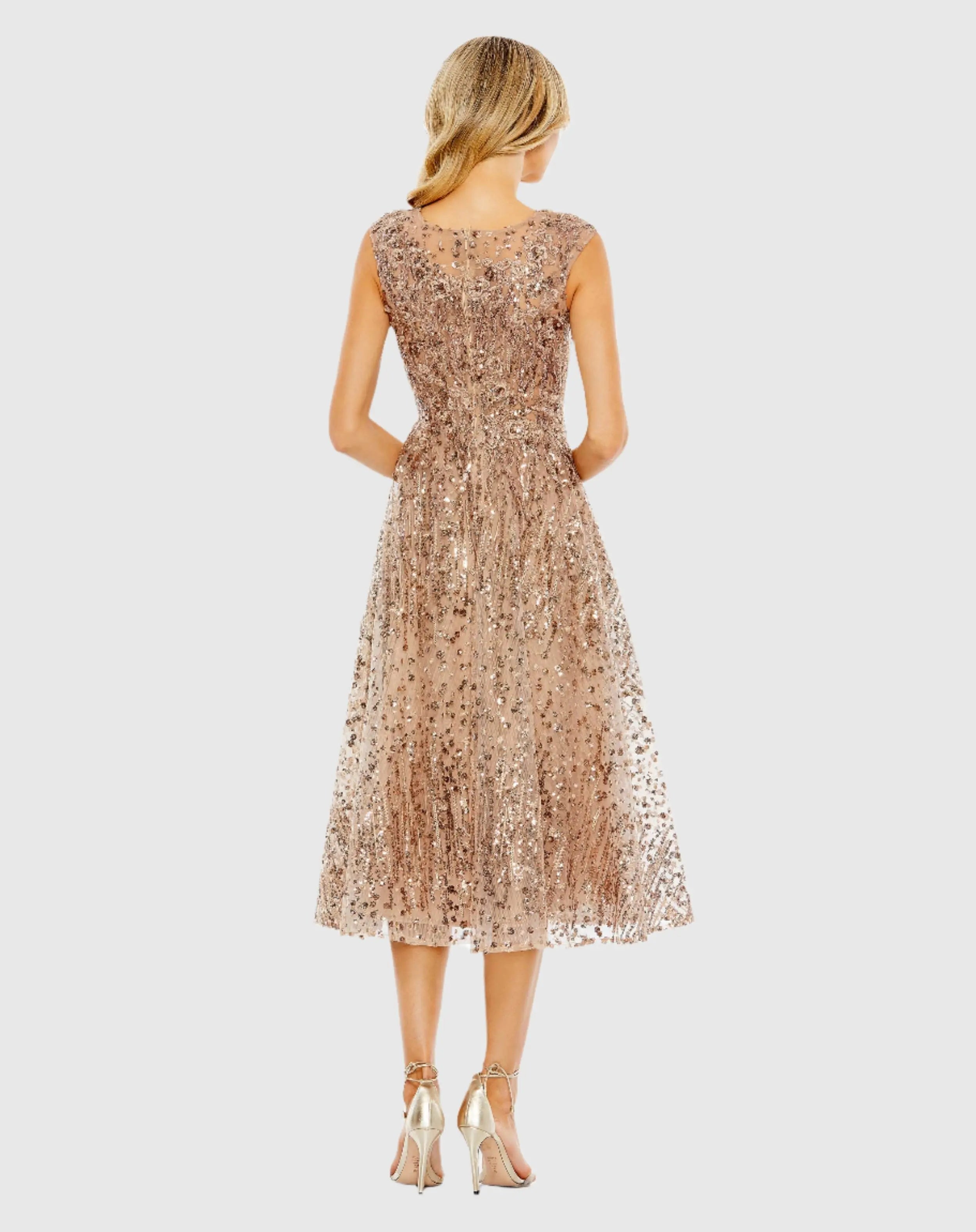 Gold Sequined Cap Sleeve Fit and Flare Dress