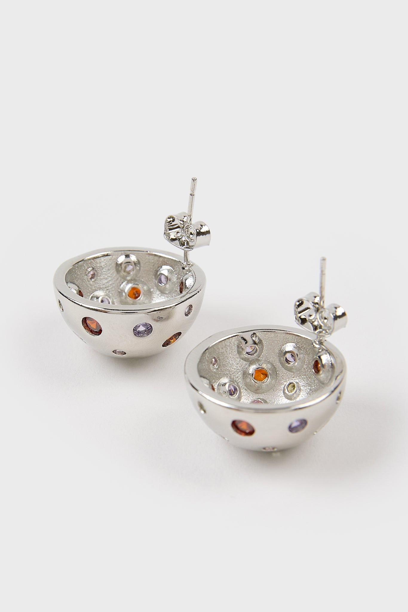 Silver multicolour diamante curved stud earrings