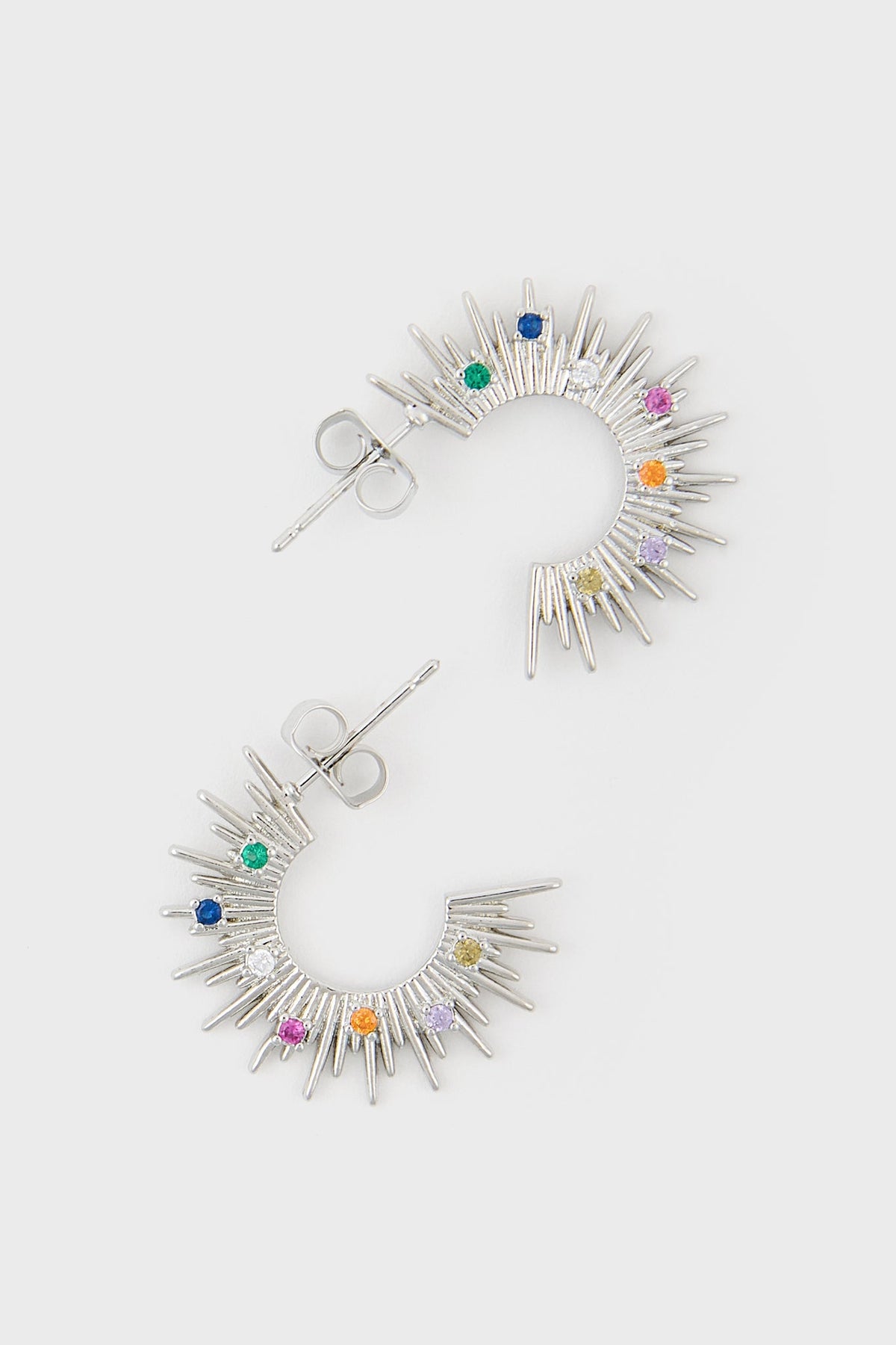 Silver rainbow diamante sun burst hoop earrings