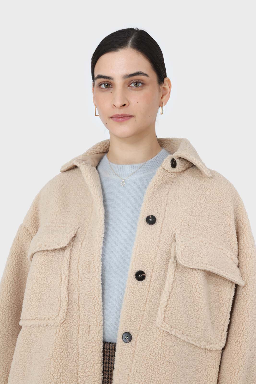 Beige teddy oversized shirt jacket