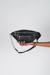 Black vegan leather silver zip bum bag
