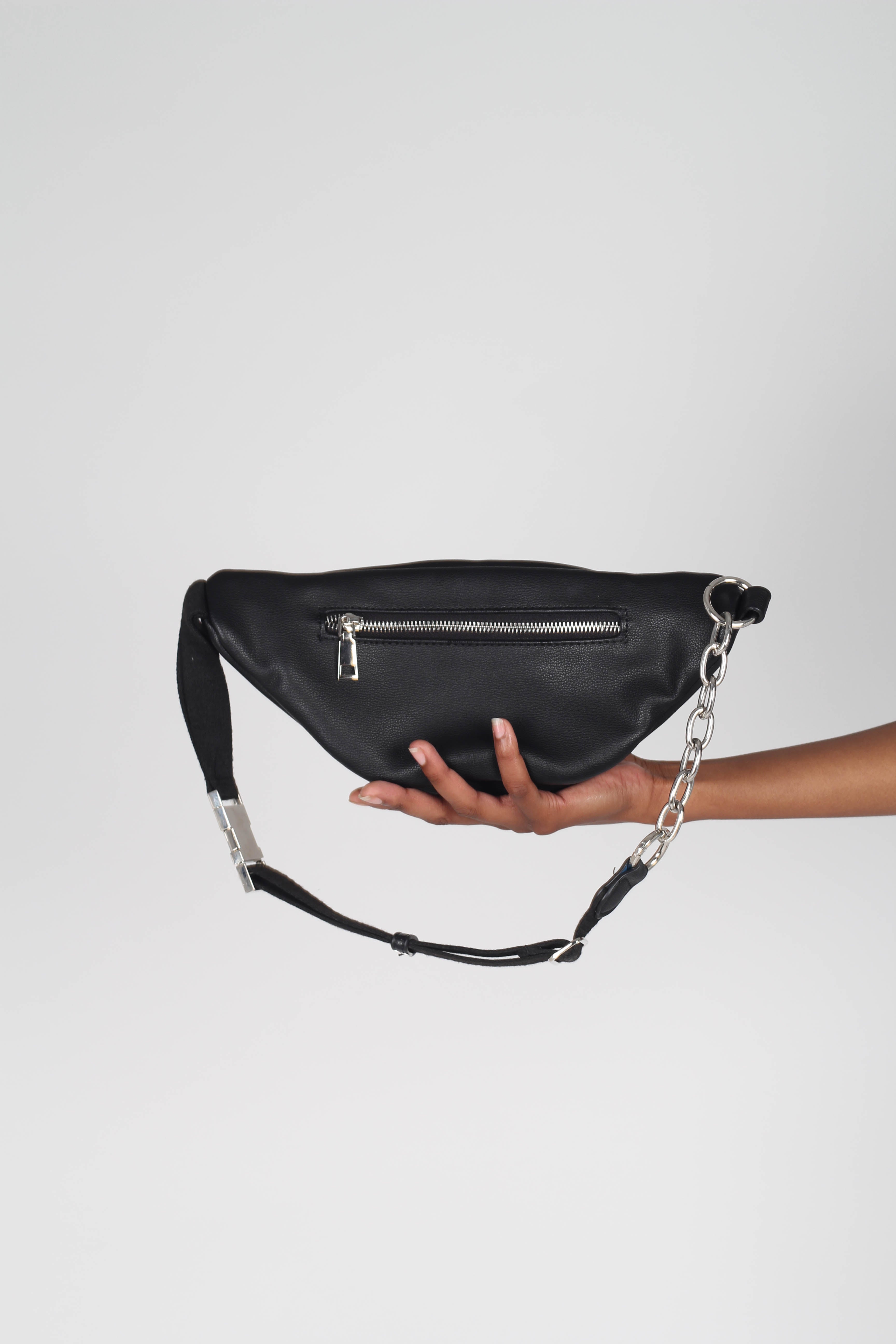 Black vegan leather silver zip bum bag