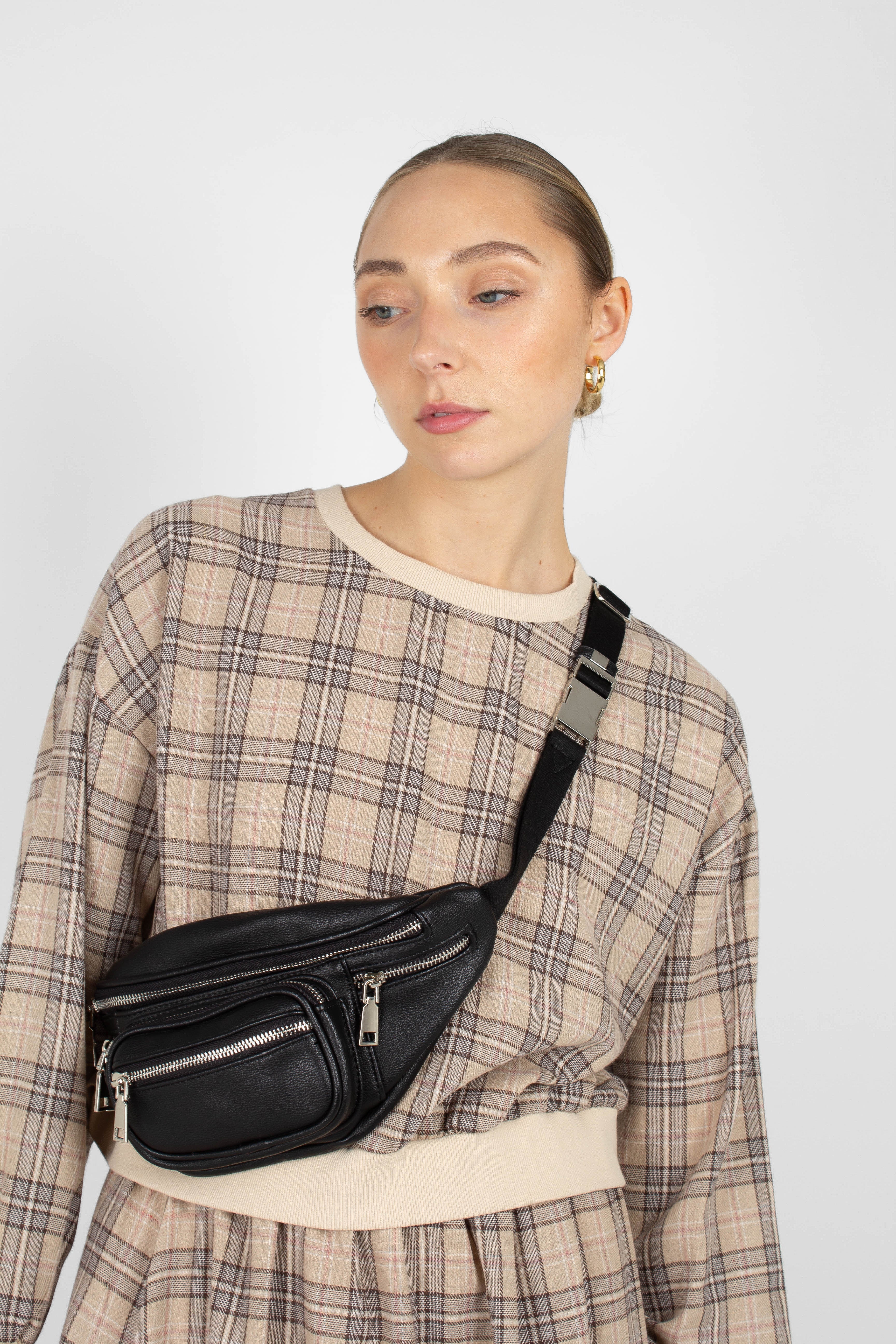 Black vegan leather silver zip bum bag