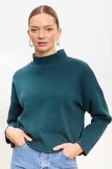Teal micro ribbed mock neck top