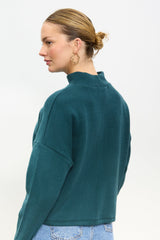 Teal micro ribbed mock neck top