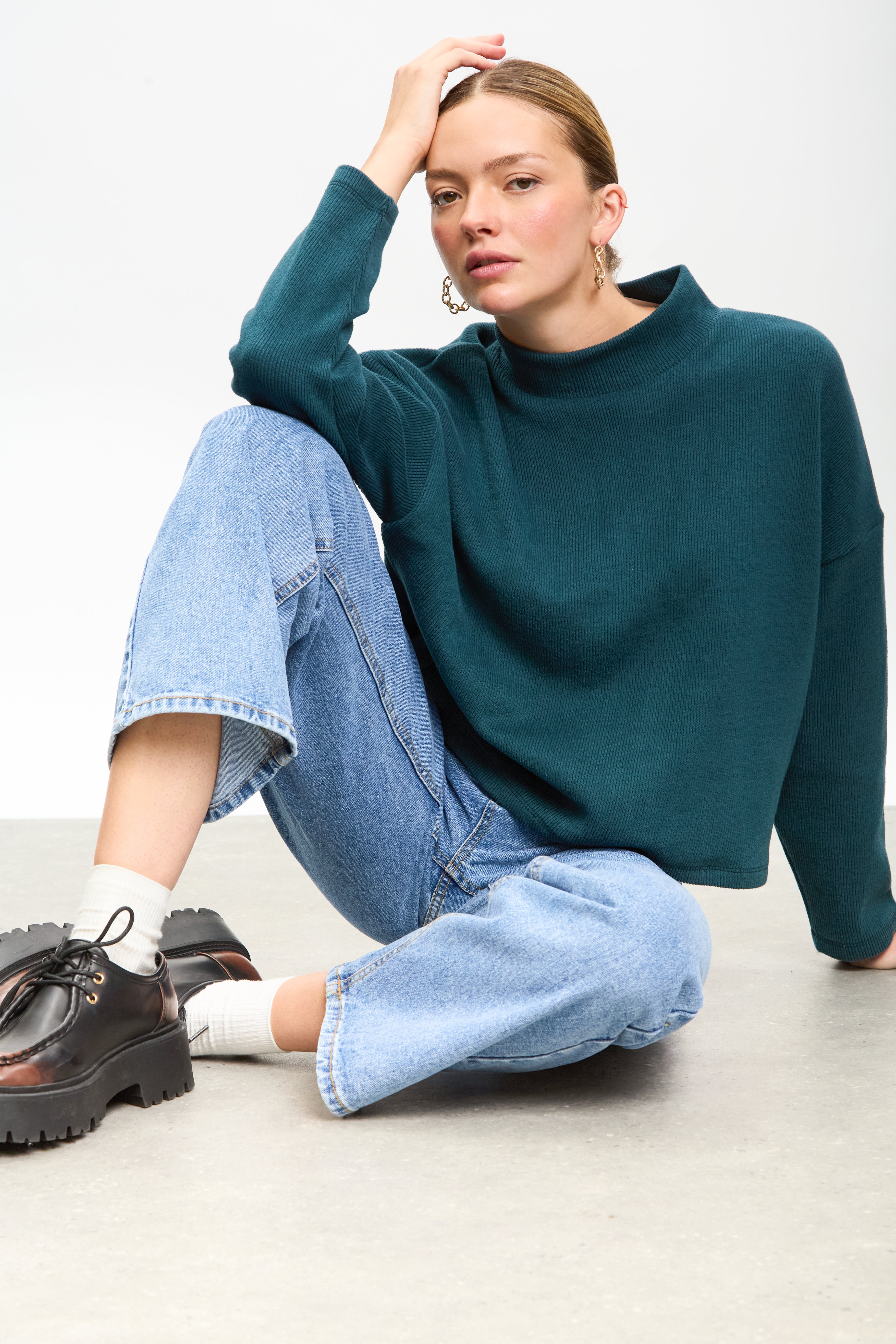 Teal micro ribbed mock neck top