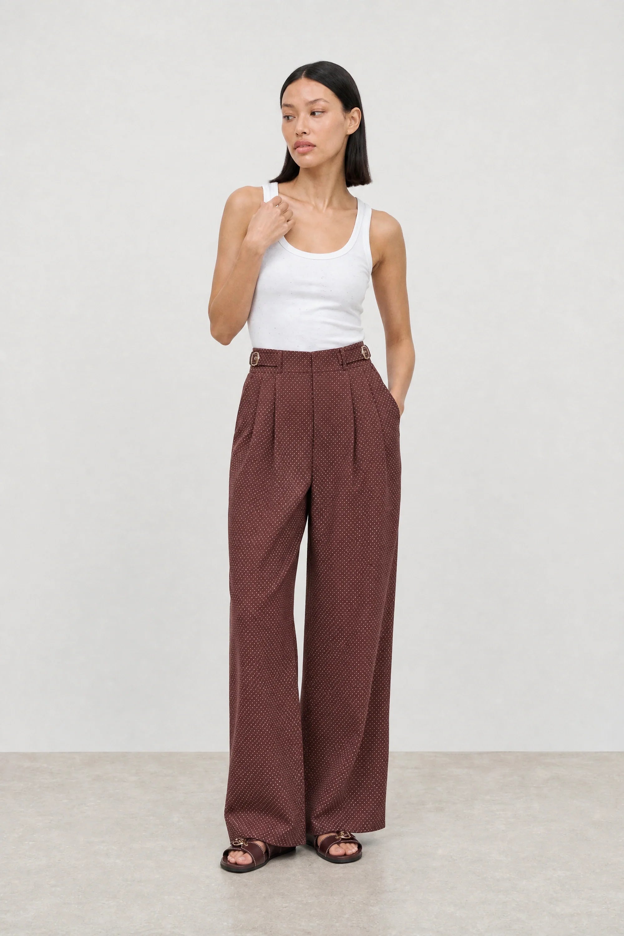 Washed burgundy and white polka dot adjustable trousers