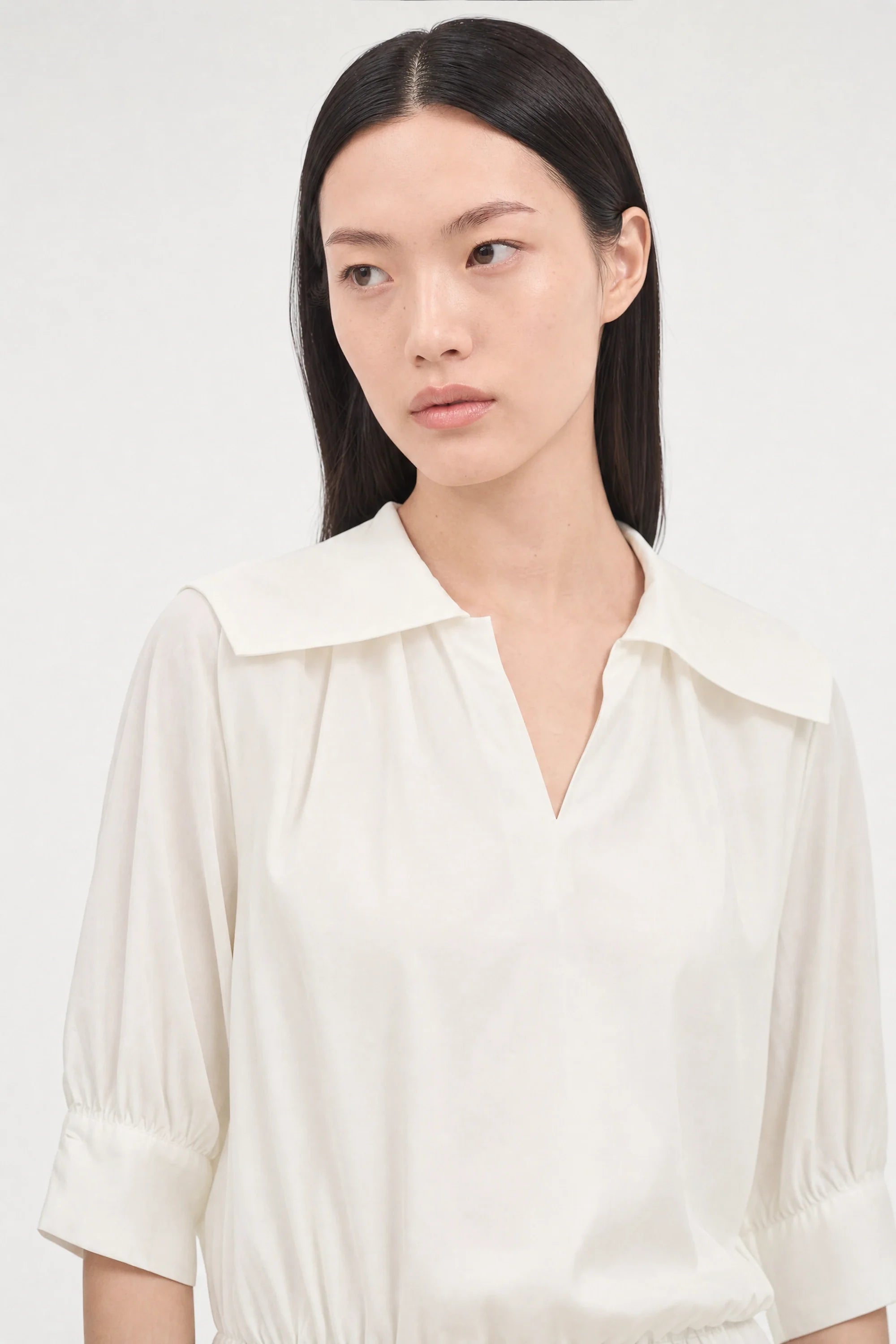 White blue giant collar drawstring hem blouse