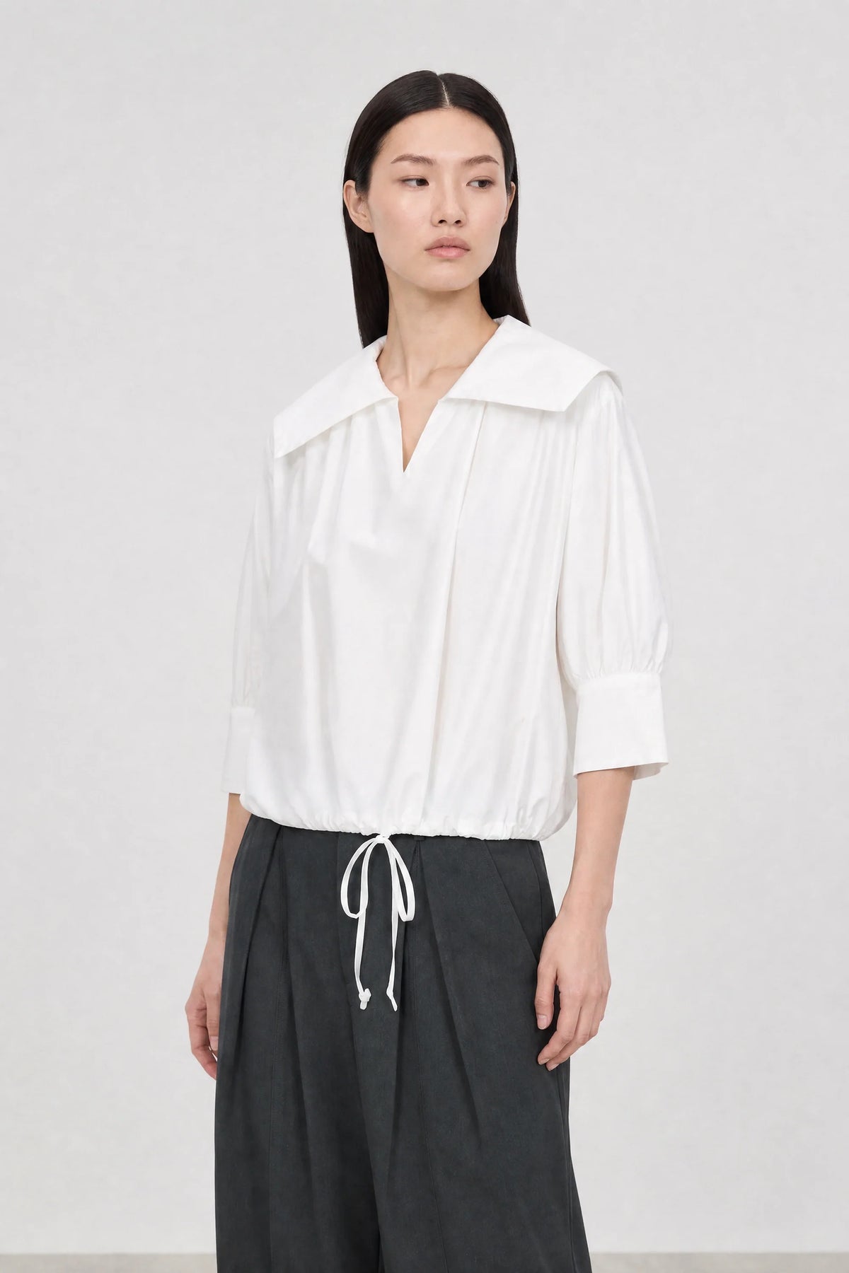 White blue giant collar drawstring hem blouse