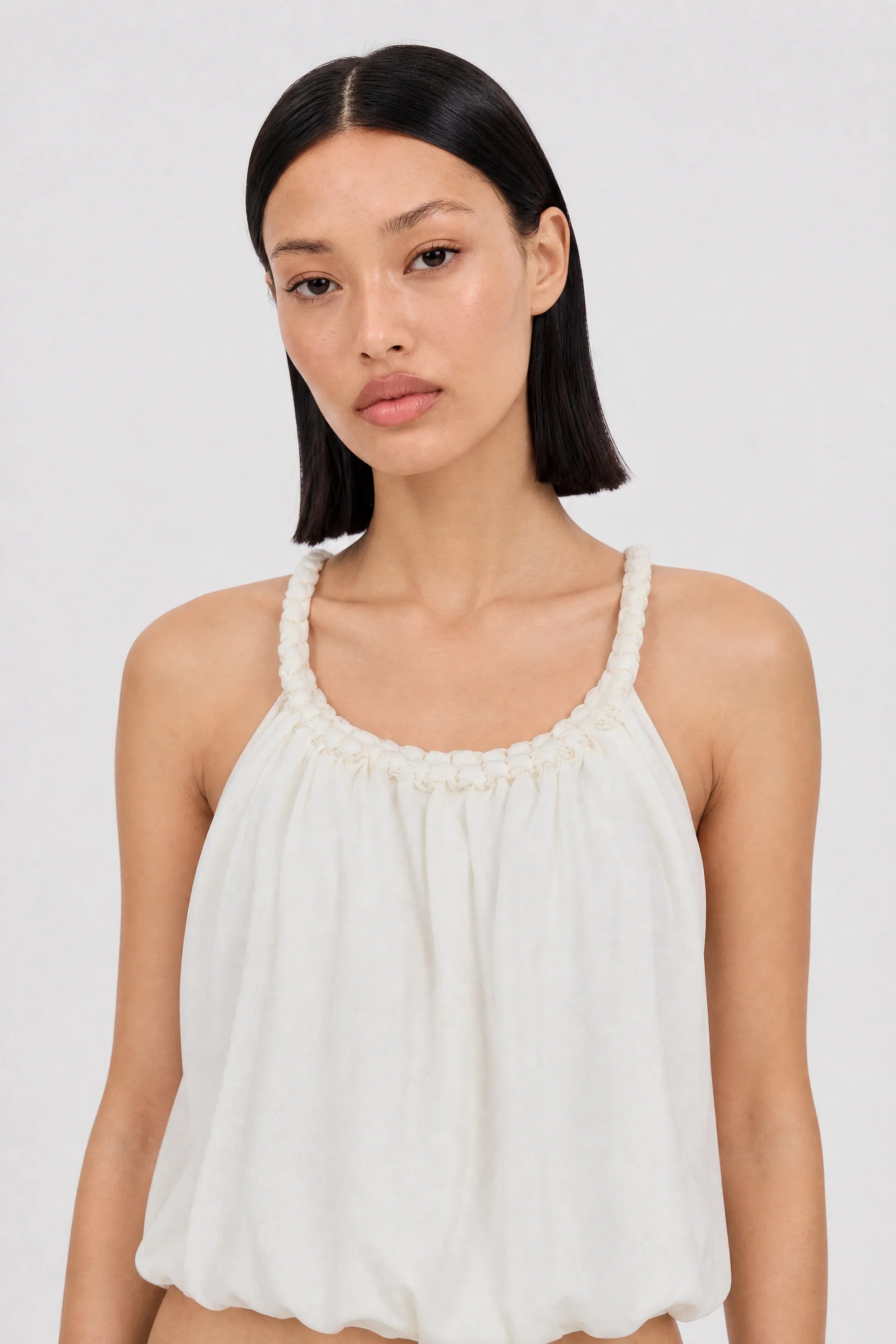 White braided strap blouson tank