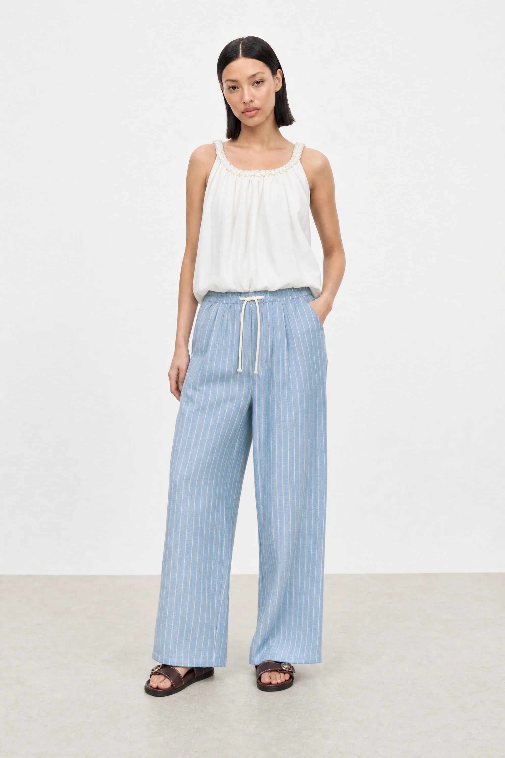 White braided strap blouson tank
