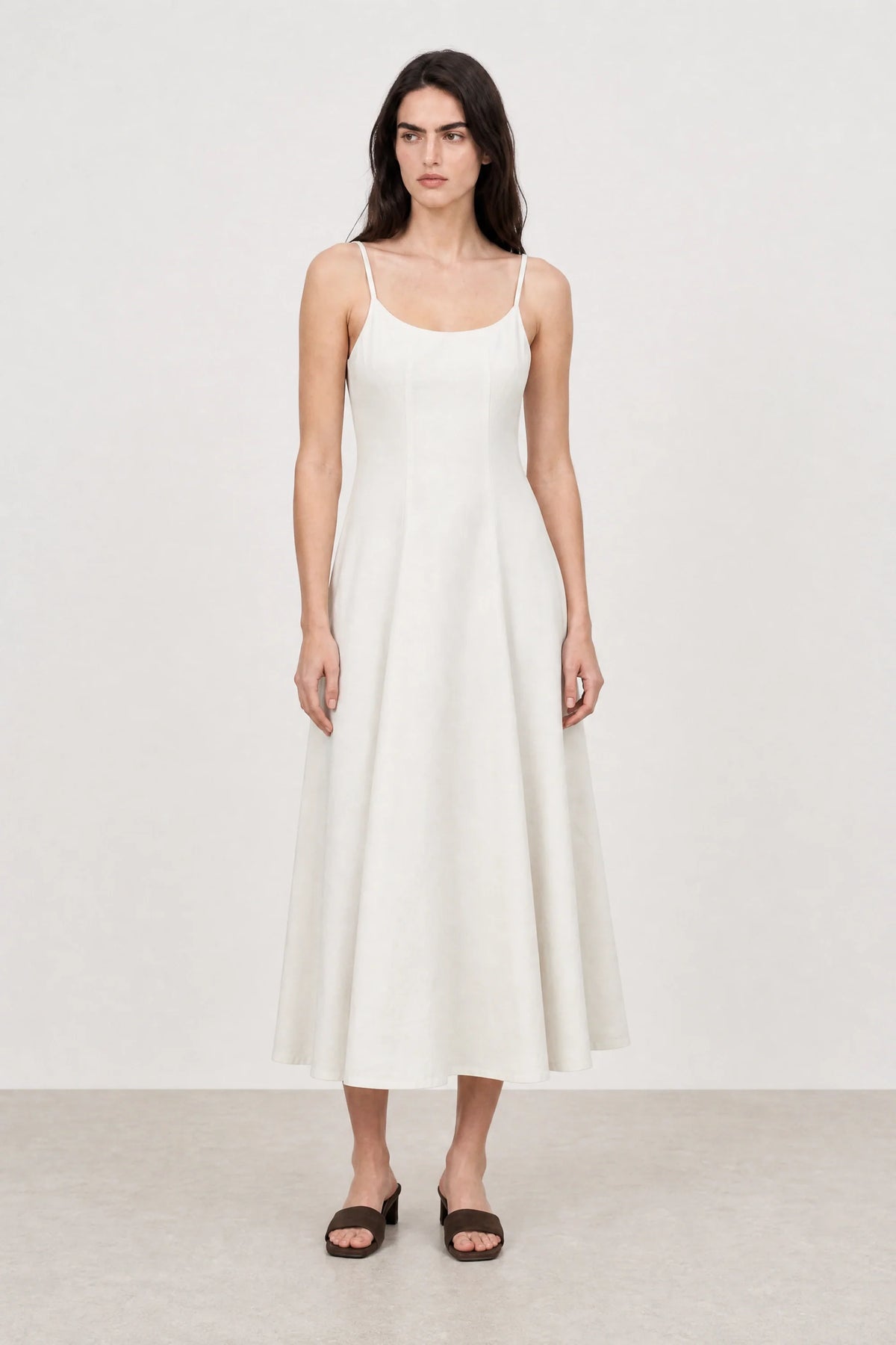 White denim peek back midi dress