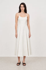White denim peek back midi dress