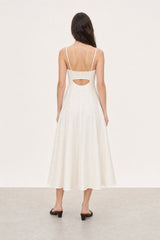 White denim peek back midi dress