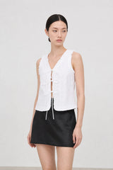 White embroidered tie front sleeveless top