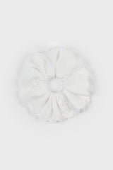 White floral ribbon cluster embroidered scrunchie