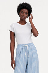 White semi sheer jersey vertical seam tee